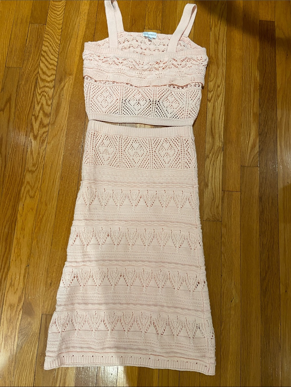 Lucy Paris Pale Pink Crochet Crop Top and midi skirt